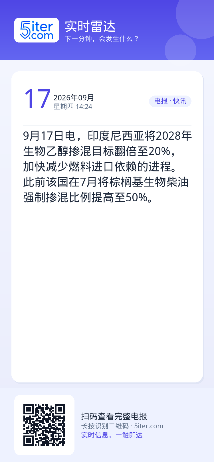 9月17日电，印度尼西亚将2028年生物乙醇掺混目标翻倍至20%，加快减少燃料进口依赖的进程。此前该国在7月将棕榈基生物