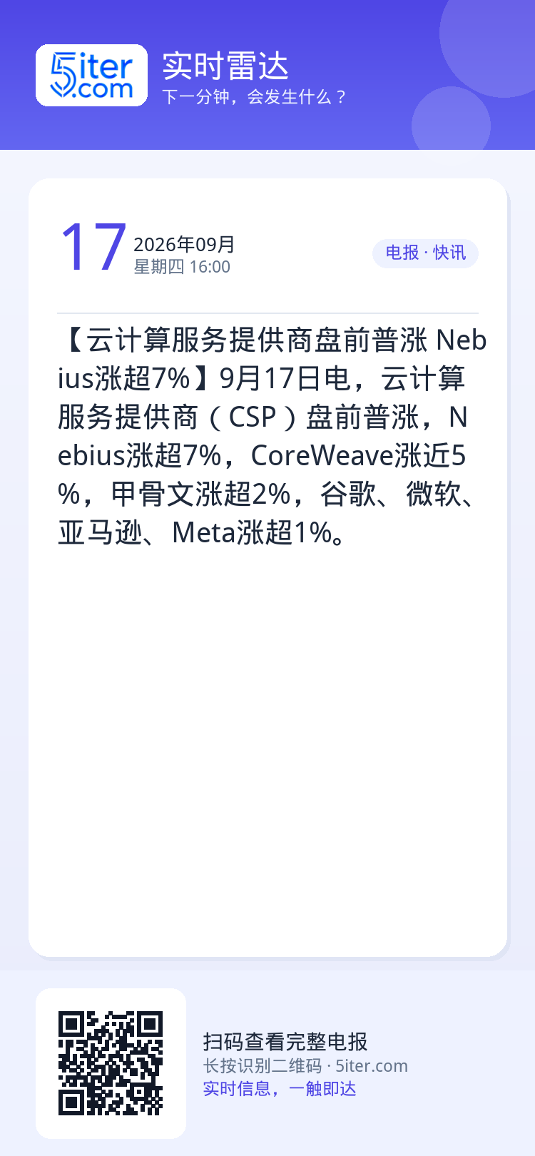 【云计算服务提供商盘前普涨 Nebius涨超7%】9月17日电，云计算服务提供商（CSP）盘前普涨，Nebius涨超7%