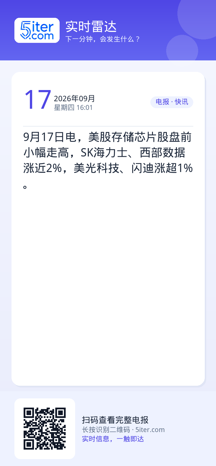 9月17日电，美股存储芯片股盘前小幅走高，SK海力士、西部数据涨近2%，美光科技、闪迪涨超1%。
