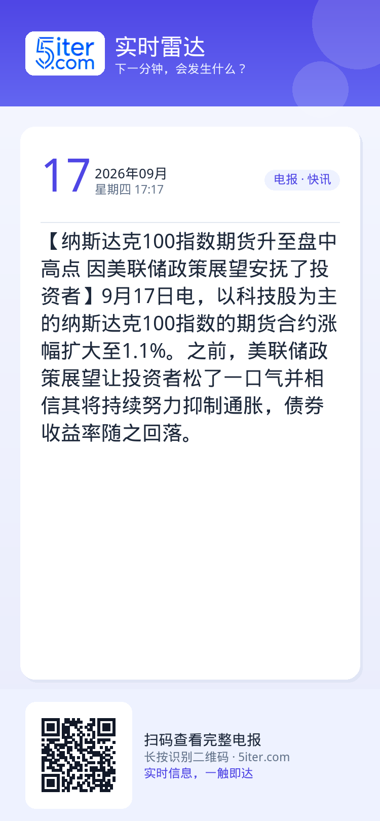 【纳斯达克100指数期货升至盘中高点 因美联储政策展望安抚了投资者】9月17日电，以科技股为主的纳斯达克100指数的期货