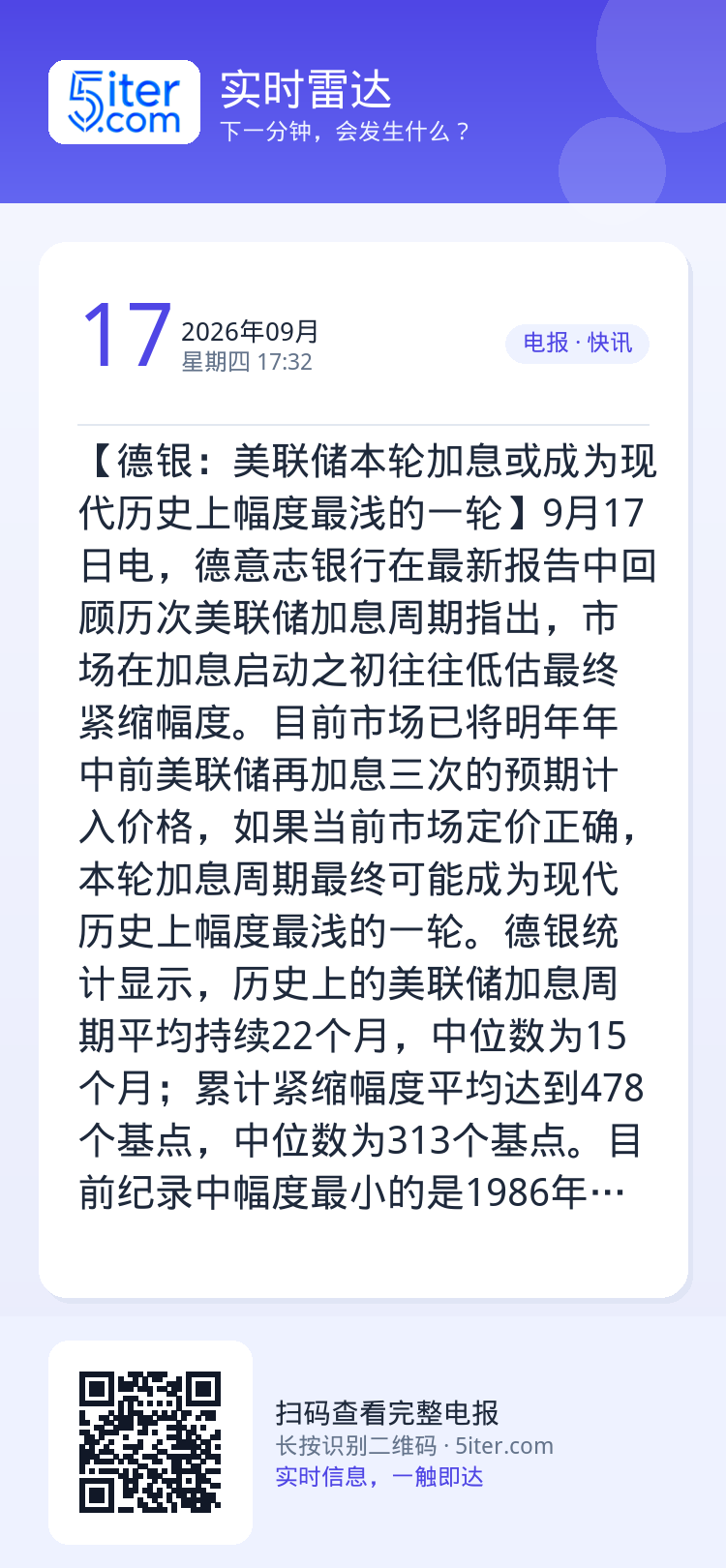 【德银：美联储本轮加息或成为现代历史上幅度最浅的一轮】9月17日电，德意志银行在最新报告中回顾历次美联储加息周期指出，市