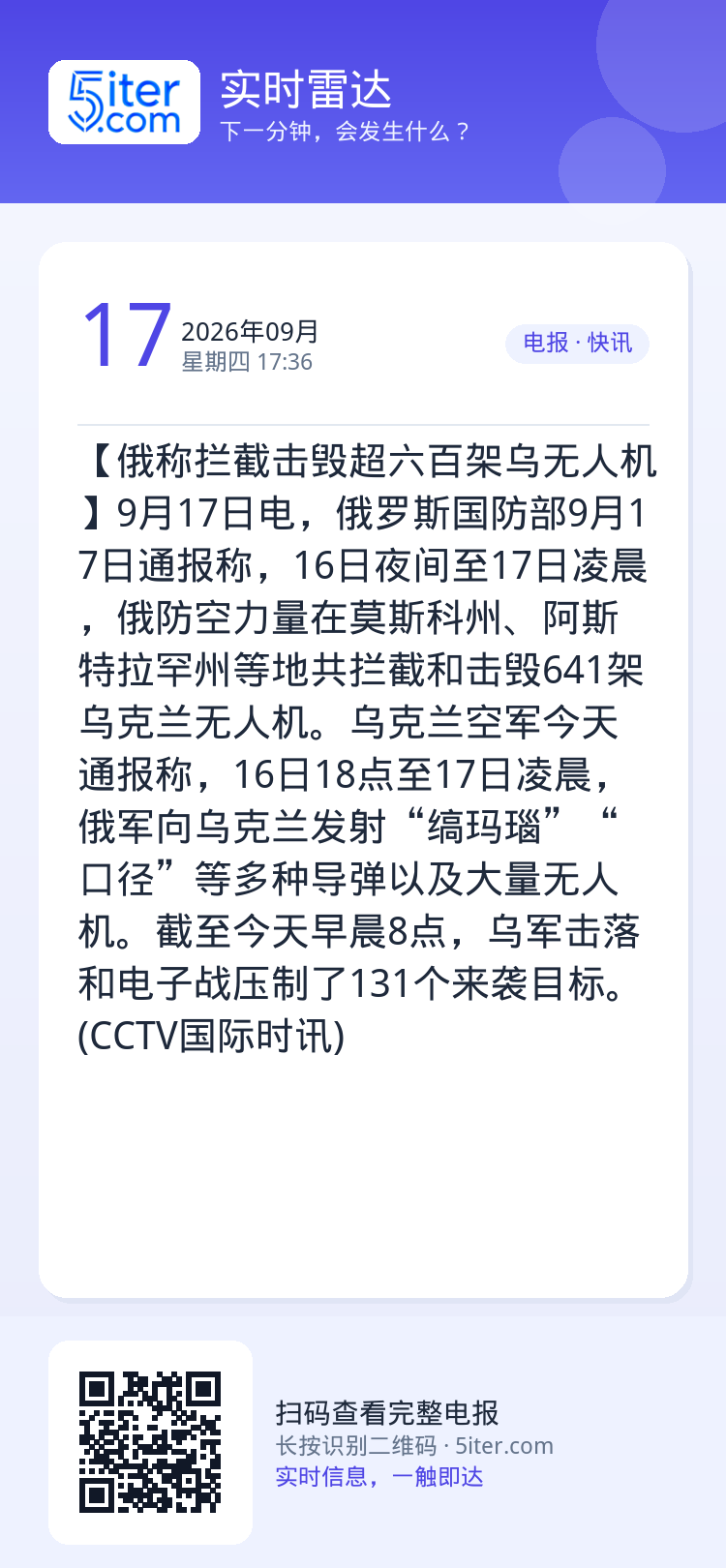 【俄称拦截击毁超六百架乌无人机】9月17日电，俄罗斯国防部9月17日通报称，16日夜间至17日凌晨，俄防空力量在莫斯科州