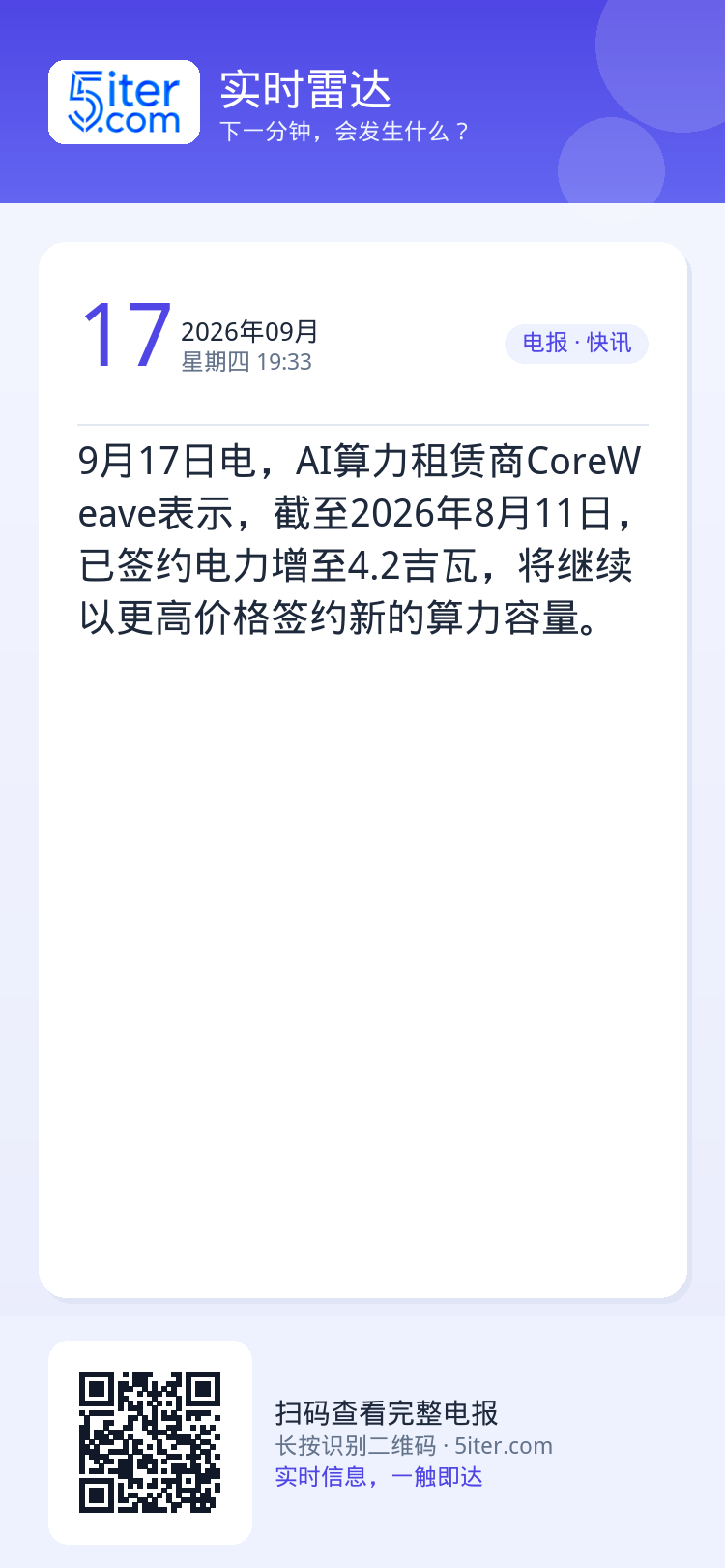 9月17日电，AI算力租赁商CoreWeave表示，截至2026年8月11日，已签约电力增至4.2吉瓦，将继续以更高价格