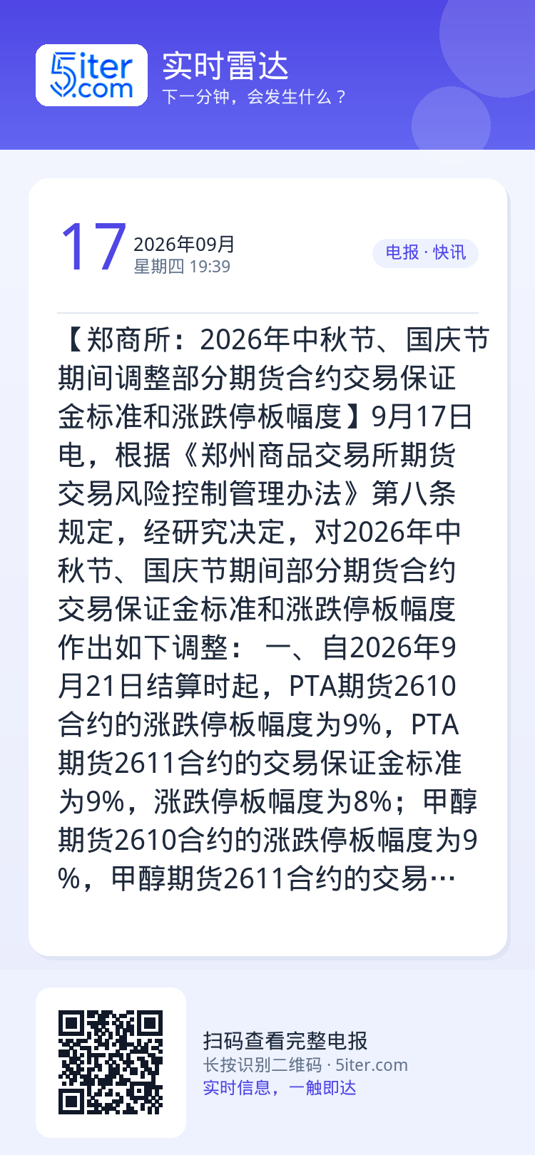 【郑商所：2026年中秋节、国庆节期间调整部分期货合约交易保证金标准和涨跌停板幅度】9月17日电，根据《郑州商品交易所期