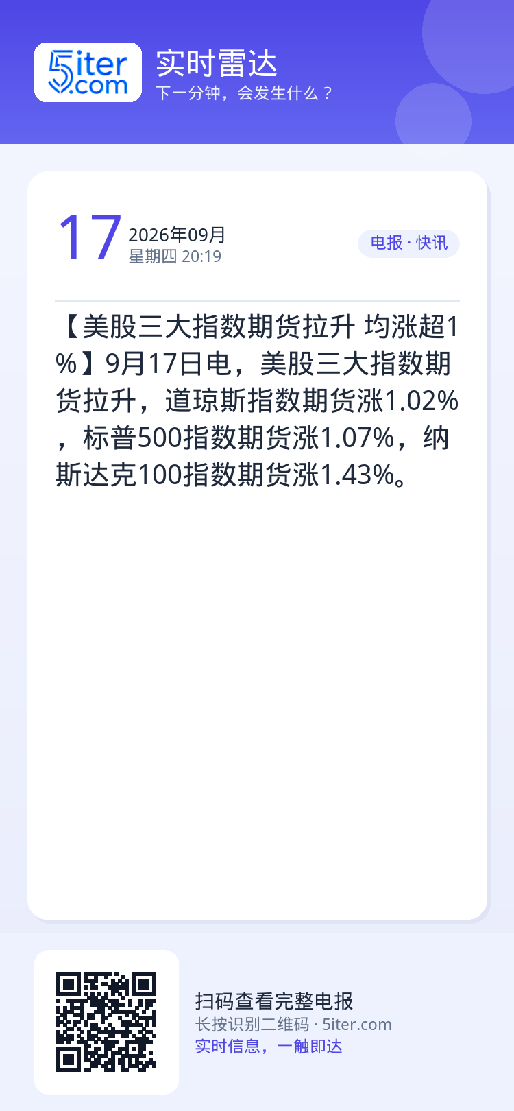 【美股三大指数期货拉升 均涨超1%】9月17日电，美股三大指数期货拉升，道琼斯指数期货涨1.02%，标普500指数期货涨