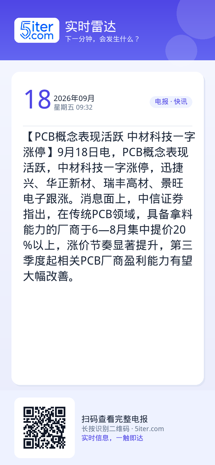 【PCB概念表现活跃 中材科技一字涨停】9月18日电，PCB概念表现活跃，中材科技一字涨停，迅捷兴、华正新材、瑞丰高材、
