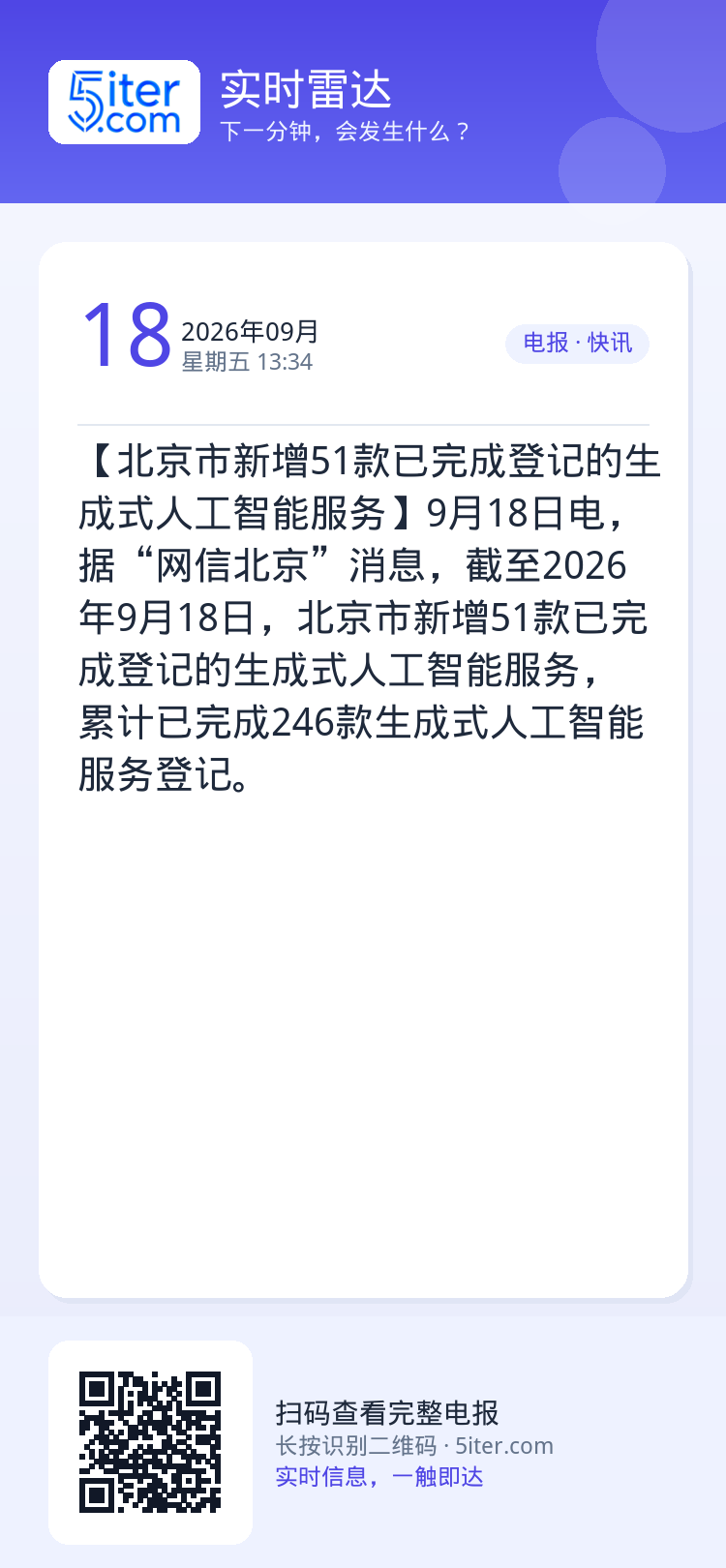 【北京市新增51款已完成登记的生成式人工智能服务】9月18日电，据“网信北京”消息，截至2026年9月18日，北京市新增