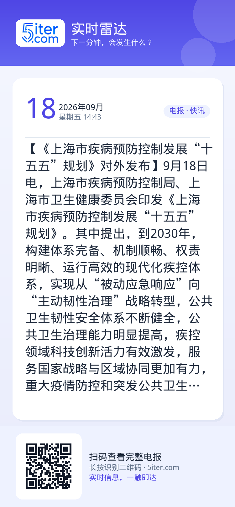 【《上海市疾病预防控制发展“十五五”规划》对外发布】9月18日电，上海市疾病预防控制局、上海市卫生健康委员会印发《上海市
