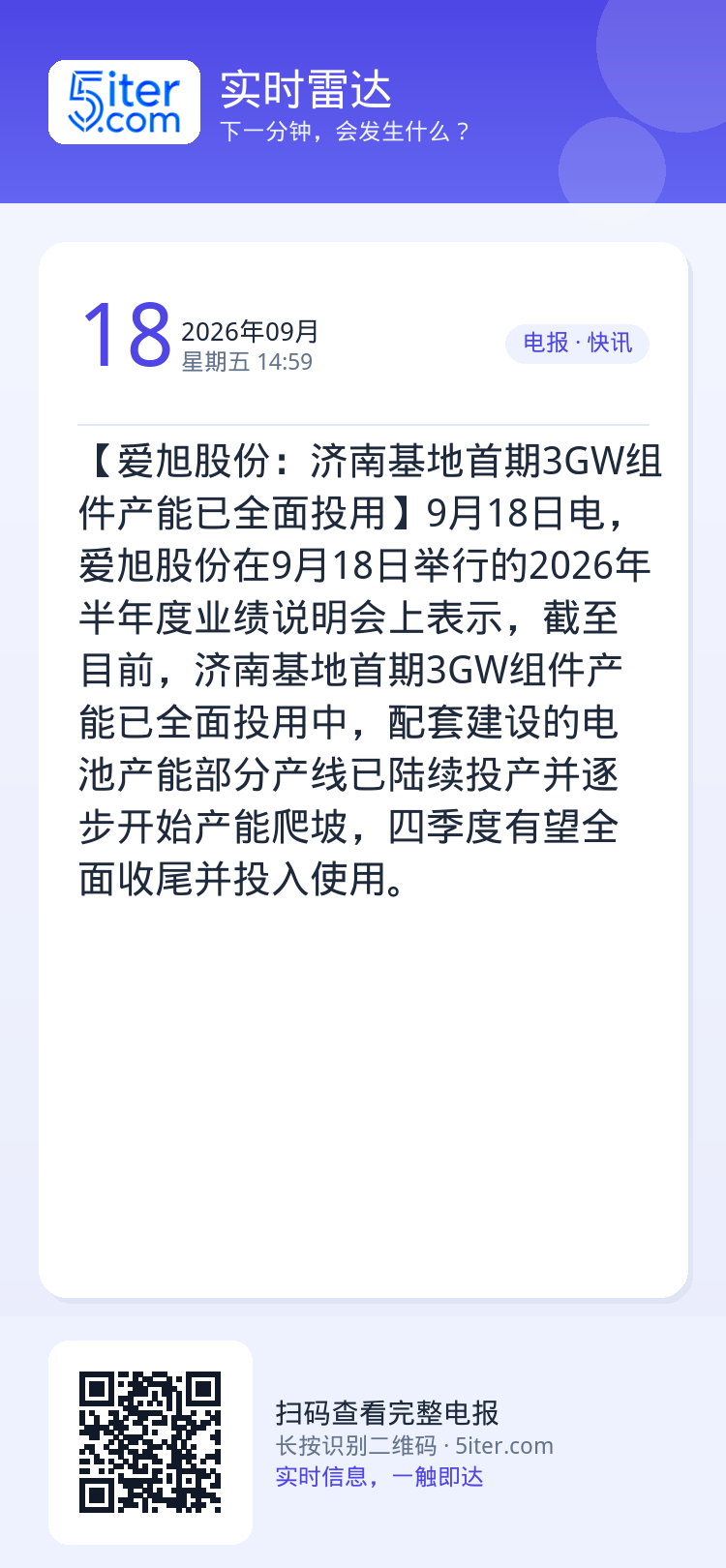 【爱旭股份：济南基地首期3GW组件产能已全面投用】9月18日电，爱旭股份在9月18日举行的2026年半年度业绩说明会上表