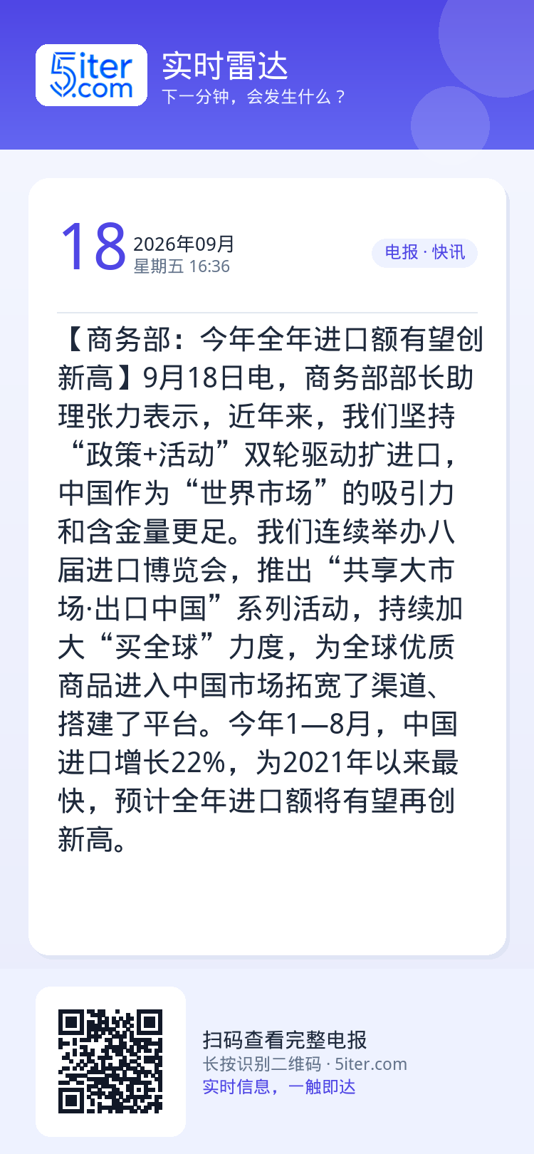 【商务部：今年全年进口额有望创新高】9月18日电，商务部部长助理张力表示，近年来，我们坚持“政策+活动”双轮驱动扩进口，