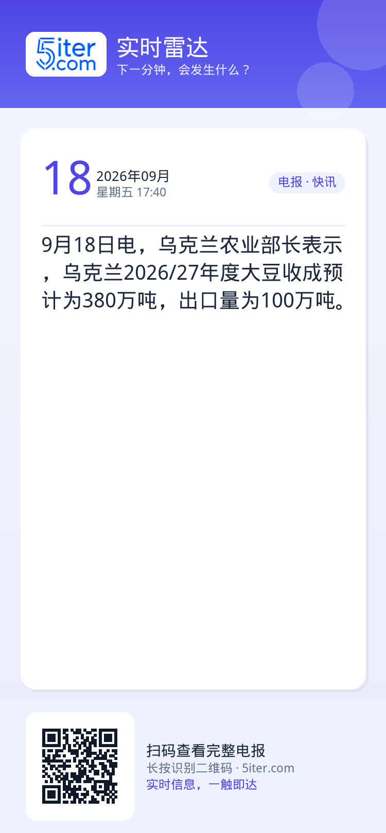 9月18日电，乌克兰农业部长表示，乌克兰2026/27年度大豆收成预计为380万吨，出口量为100万吨。