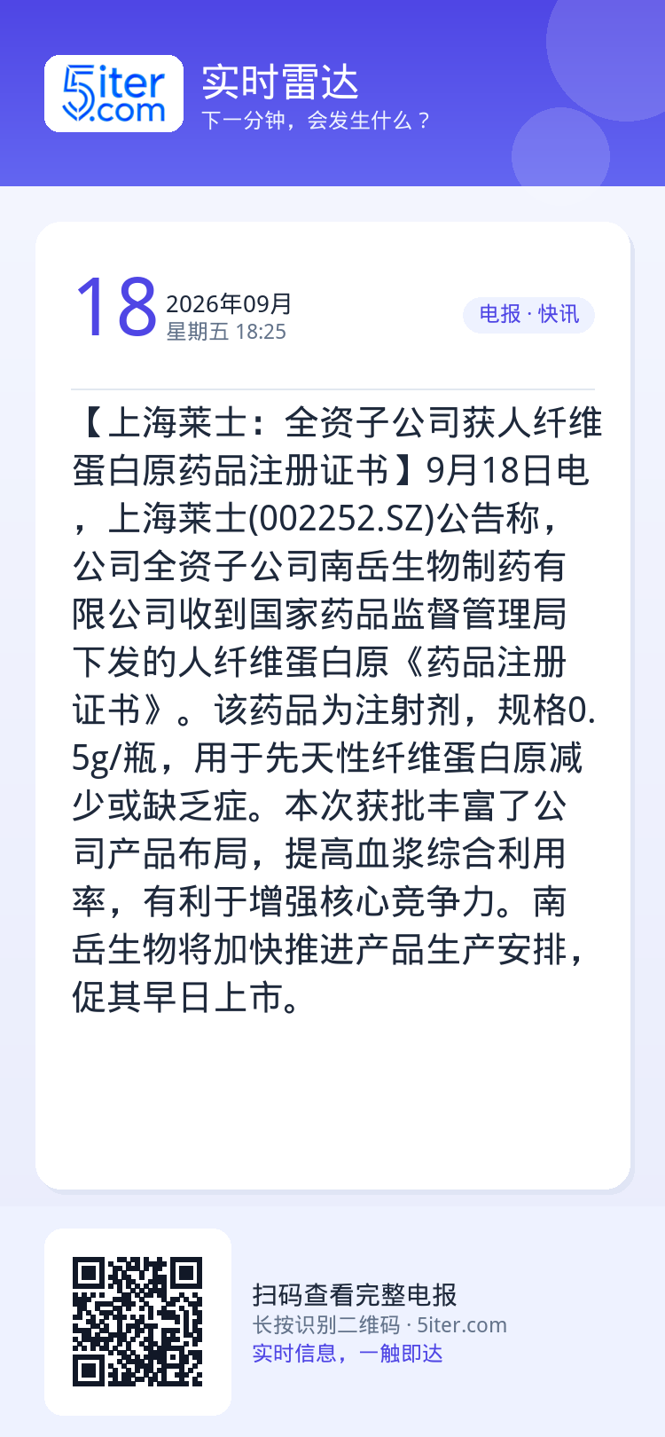 【上海莱士：全资子公司获人纤维蛋白原药品注册证书】9月18日电，上海莱士(002252.SZ)公告称，公司全资子公司南岳