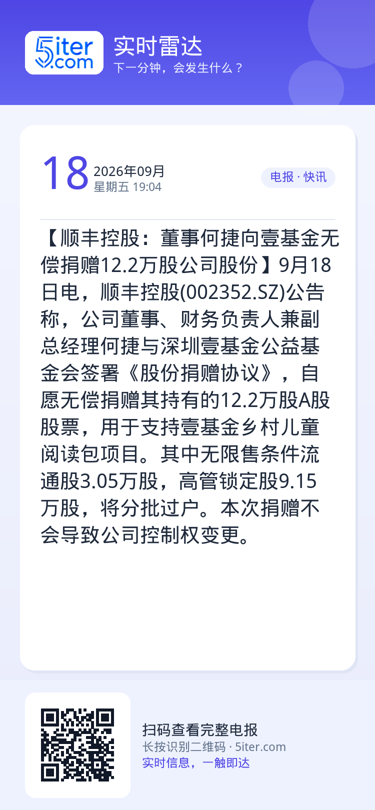【顺丰控股：董事何捷向壹基金无偿捐赠12.2万股公司股份】9月18日电，顺丰控股(002352.SZ)公告称，公司董事、