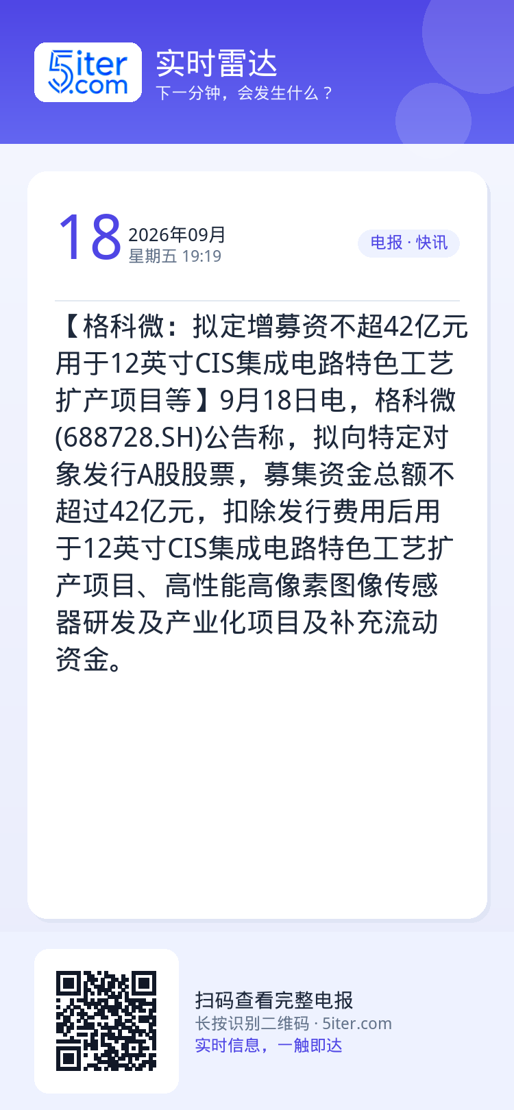 【格科微：拟定增募资不超42亿元 用于12英寸CIS集成电路特色工艺扩产项目等】9月18日电，格科微(688728.SH