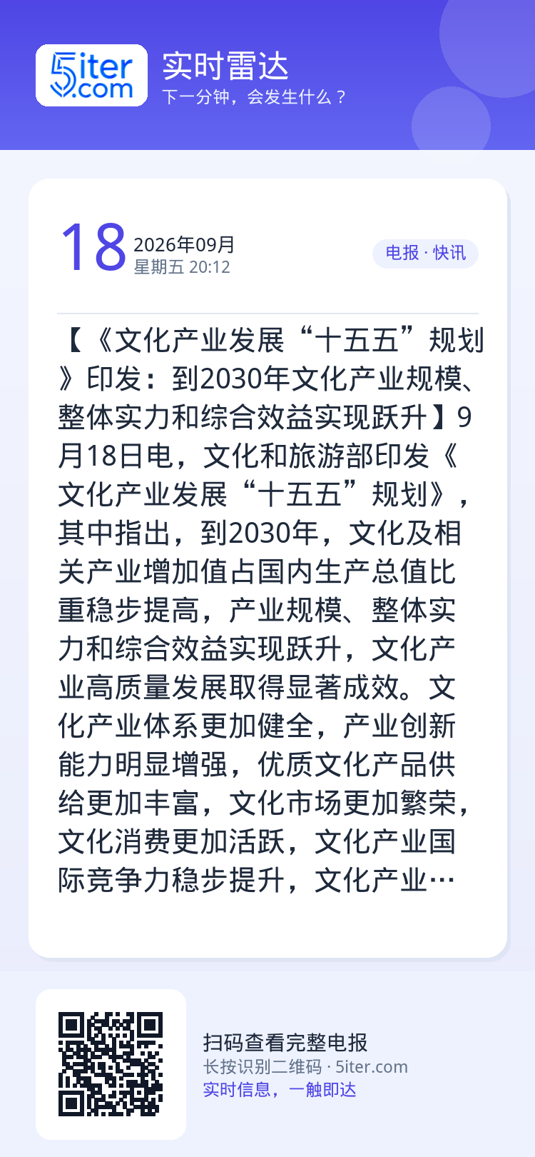【《文化产业发展“十五五”规划》印发：到2030年文化产业规模、整体实力和综合效益实现跃升】9月18日电，文化和旅游部印