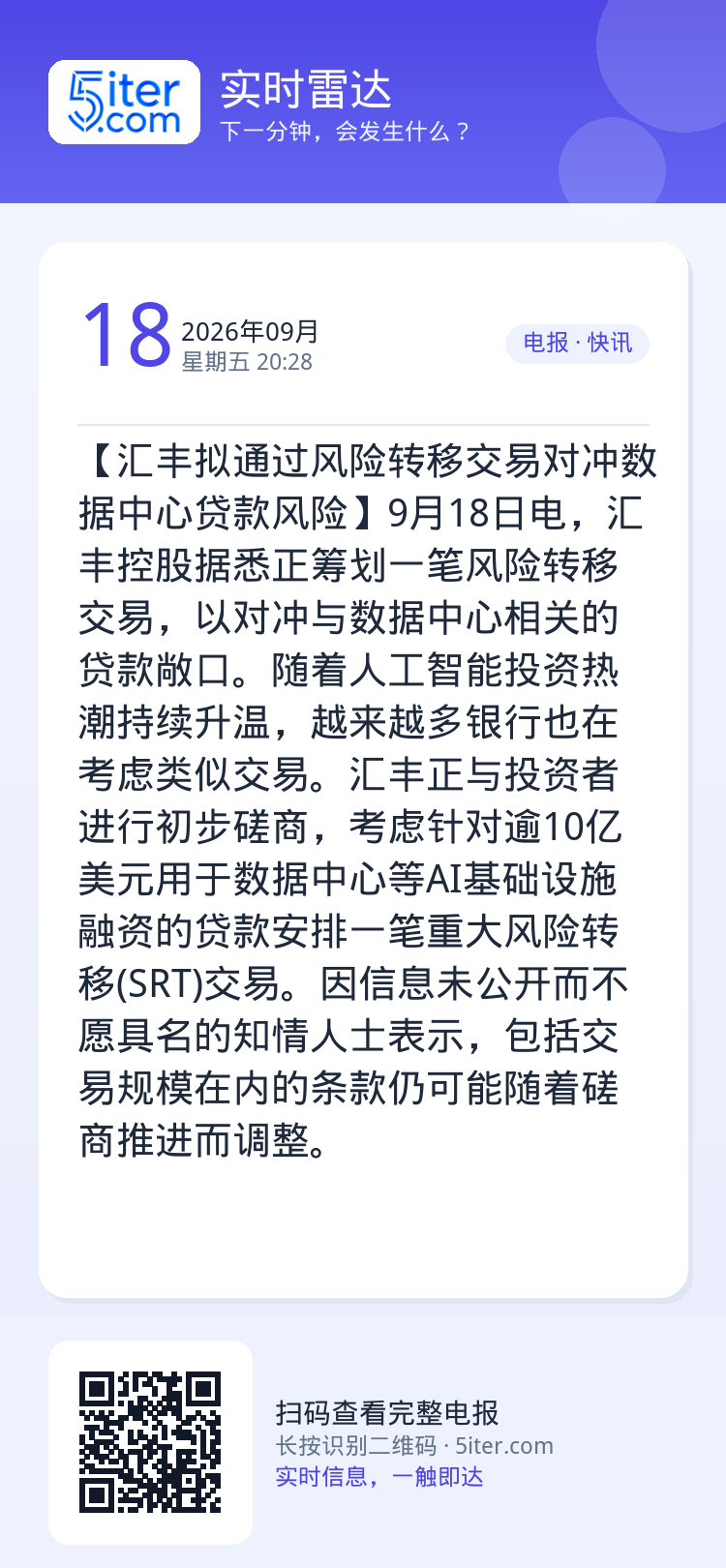 【汇丰拟通过风险转移交易对冲数据中心贷款风险】9月18日电，汇丰控股据悉正筹划一笔风险转移交易，以对冲与数据中心相关的贷