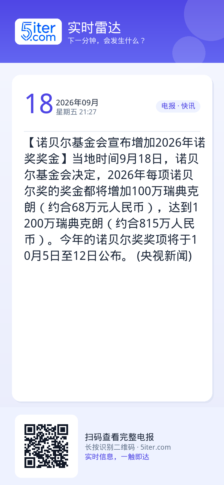 【诺贝尔基金会宣布增加2026年诺奖奖金】当地时间9月18日，诺贝尔基金会决定，2026年每项诺贝尔奖的奖金都将增加10
