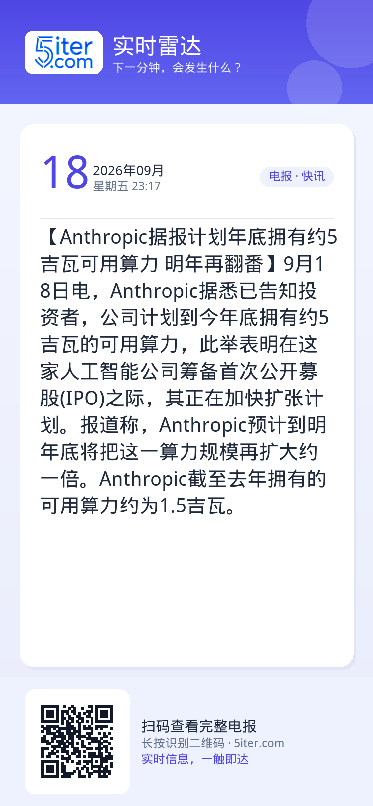 【Anthropic据报计划年底拥有约5吉瓦可用算力 明年再翻番】9月18日电，Anthropic据悉已告知投资者，公司