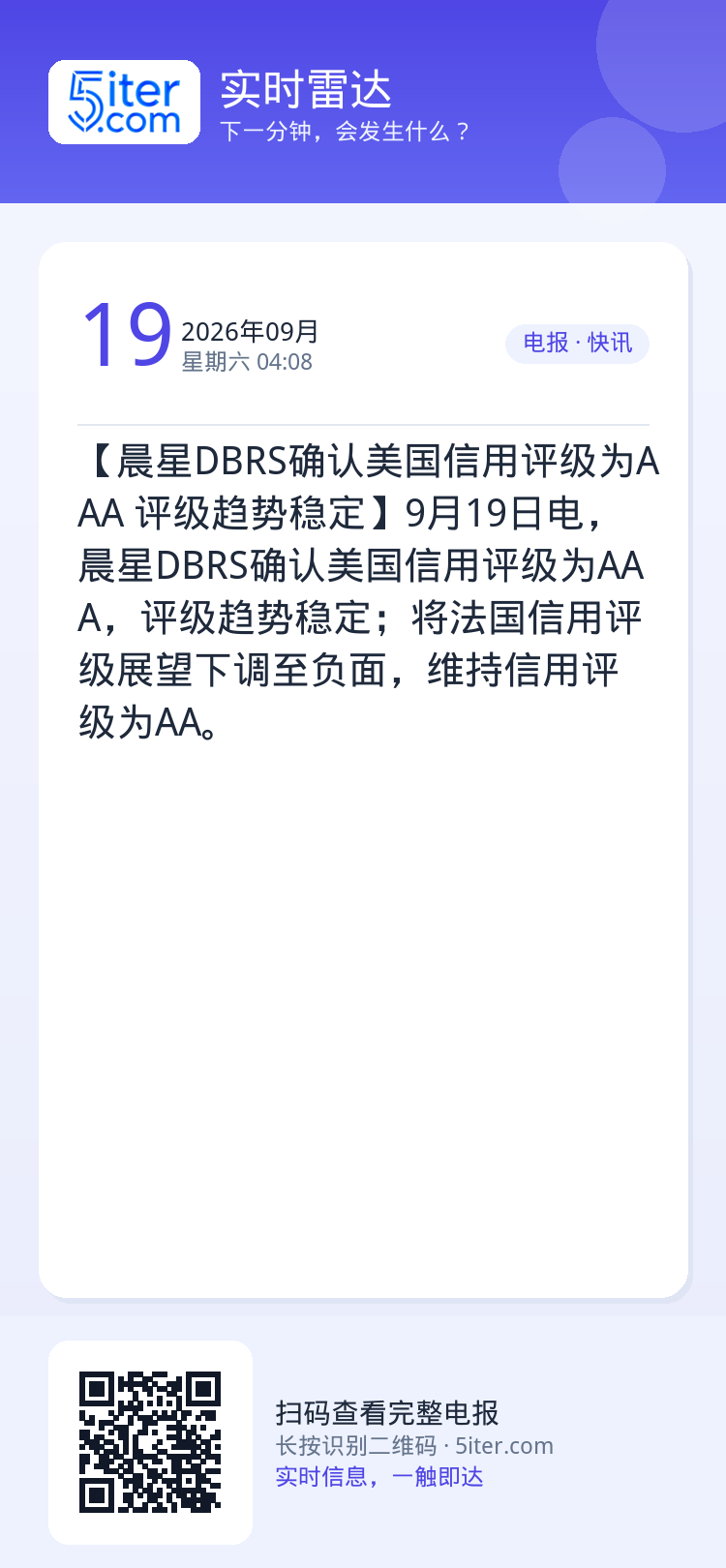 【晨星DBRS确认美国信用评级为AAA 评级趋势稳定】9月19日电，晨星DBRS确认美国信用评级为AAA，评级趋势稳定；