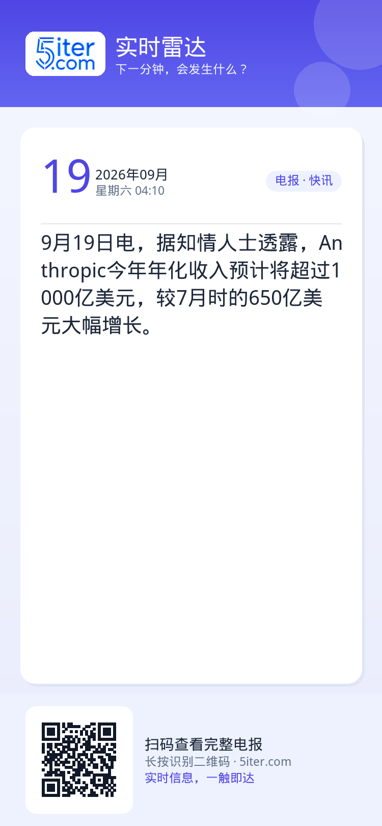 9月19日电，据知情人士透露，Anthropic今年年化收入预计将超过1000亿美元，较7月时的650亿美元大幅增长。