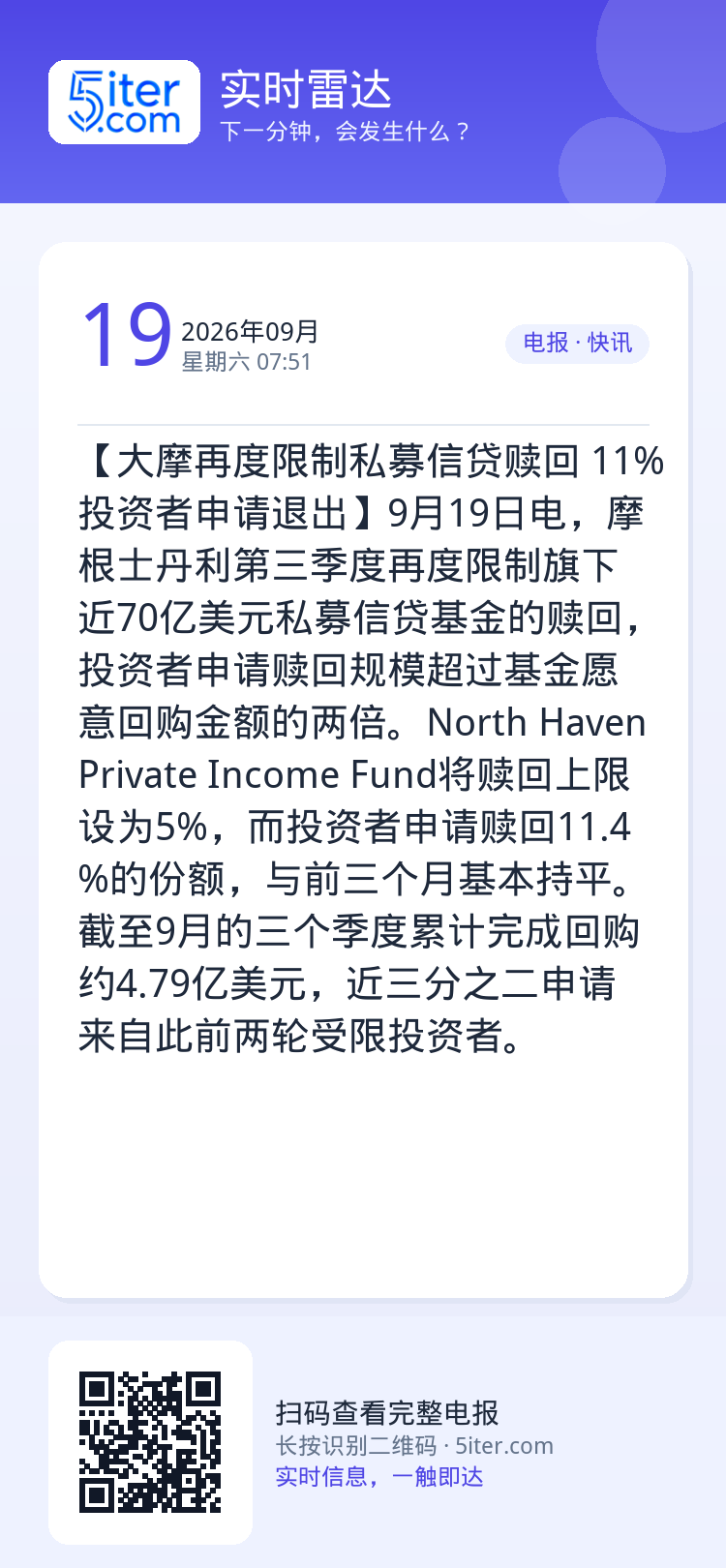 【大摩再度限制私募信贷赎回 11%投资者申请退出】9月19日电，摩根士丹利第三季度再度限制旗下近70亿美元私募信贷基金的