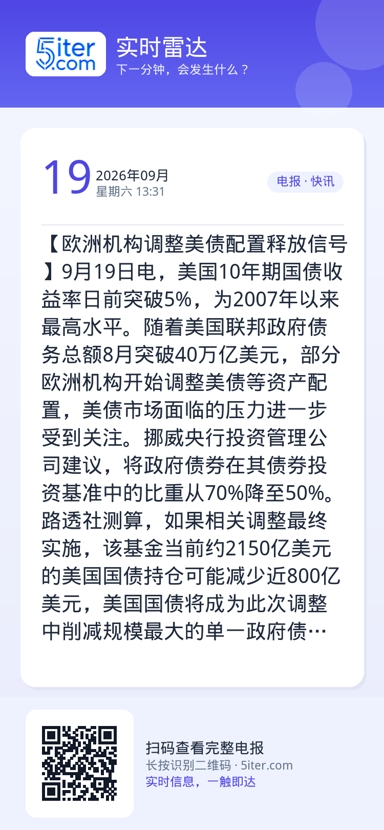 【欧洲机构调整美债配置释放信号】9月19日电，美国10年期国债收益率日前突破5%，为2007年以来最高水平。随着美国联邦