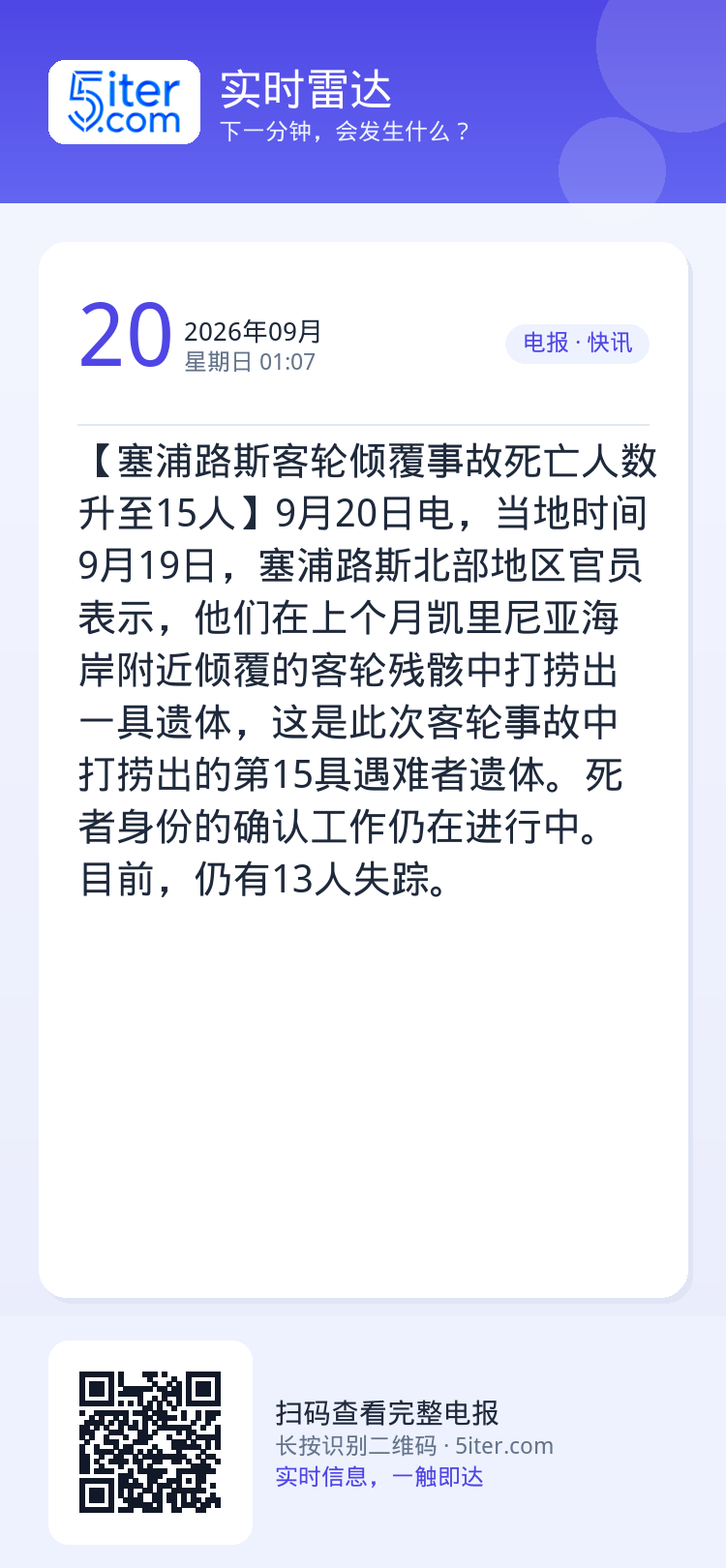 【塞浦路斯客轮倾覆事故死亡人数升至15人】9月20日电，当地时间9月19日，塞浦路斯北部地区官员表示，他们在上个月凯里尼