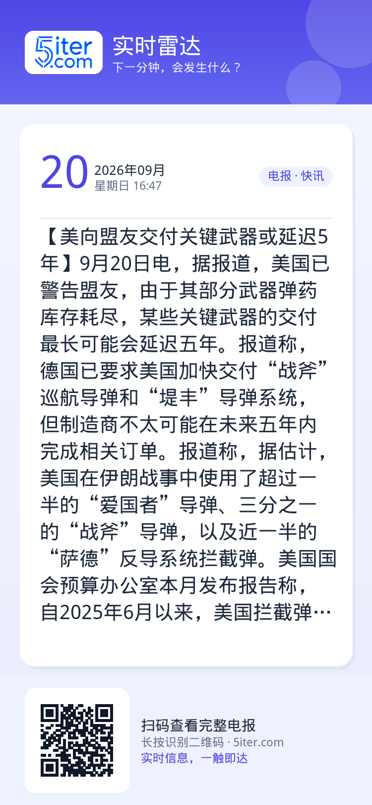 【美向盟友交付关键武器或延迟5年】9月20日电，据报道，美国已警告盟友，由于其部分武器弹药库存耗尽，某些关键武器的交付最