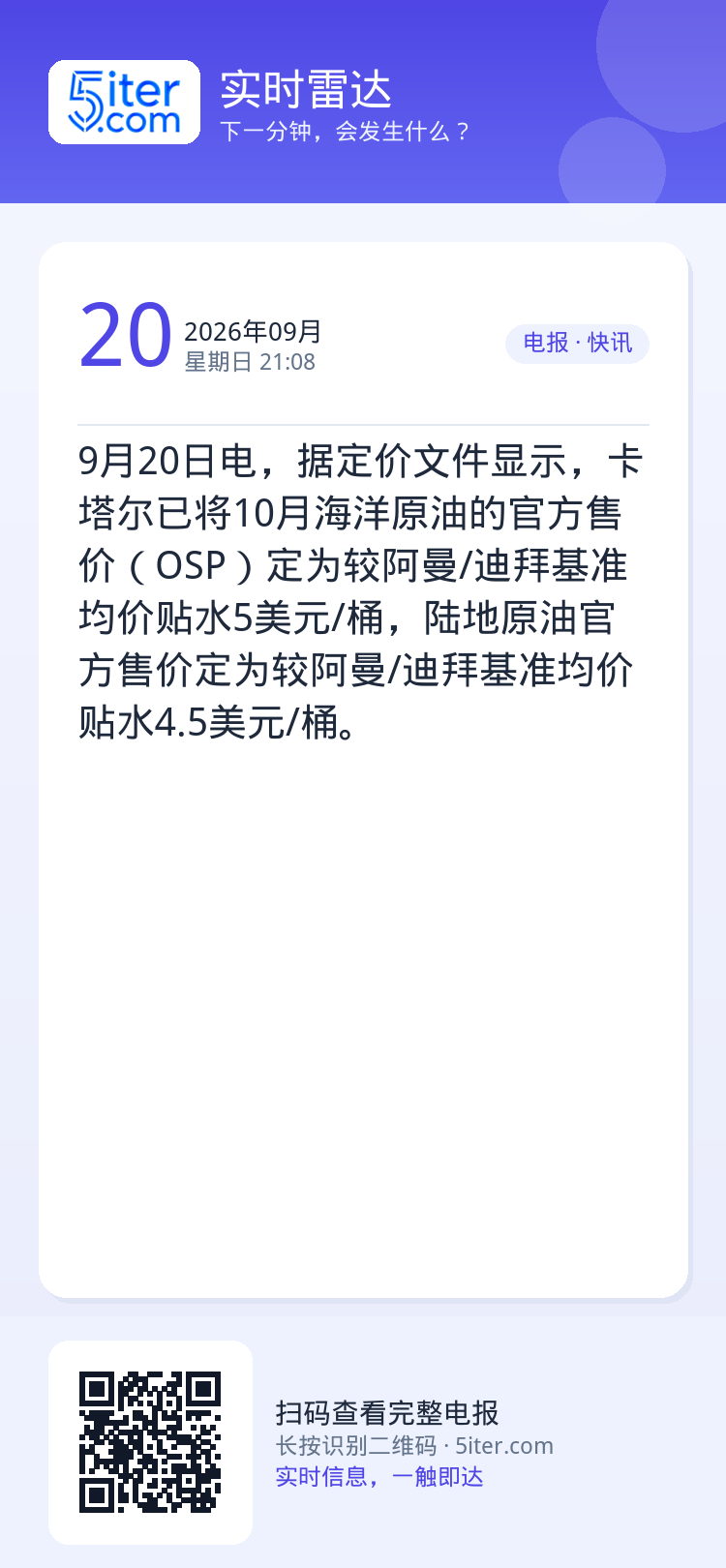 9月20日电，据定价文件显示，卡塔尔已将10月海洋原油的官方售价（OSP）定为较阿曼/迪拜基准均价贴水5美元/桶，陆地原