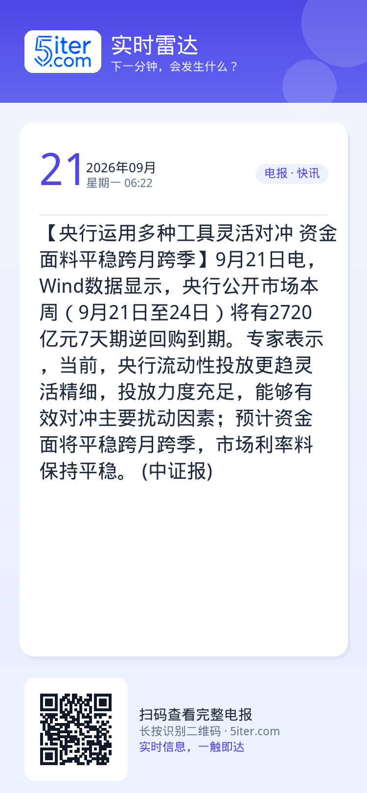 【央行运用多种工具灵活对冲 资金面料平稳跨月跨季】9月21日电，Wind数据显示，央行公开市场本周（9月21日至24日）