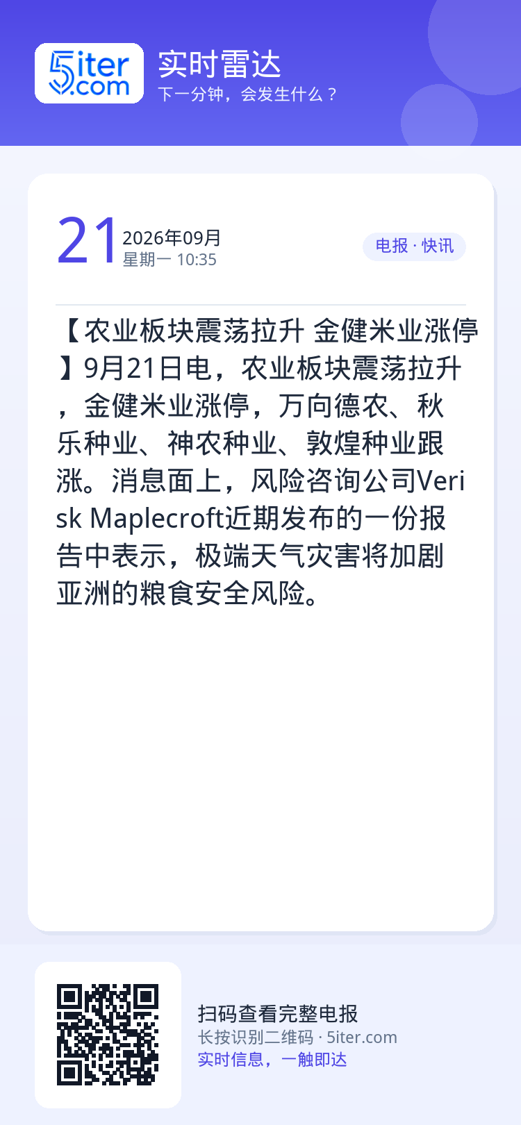【农业板块震荡拉升 金健米业涨停】9月21日电，农业板块震荡拉升，金健米业涨停，万向德农、秋乐种业、神农种业、敦煌种业跟