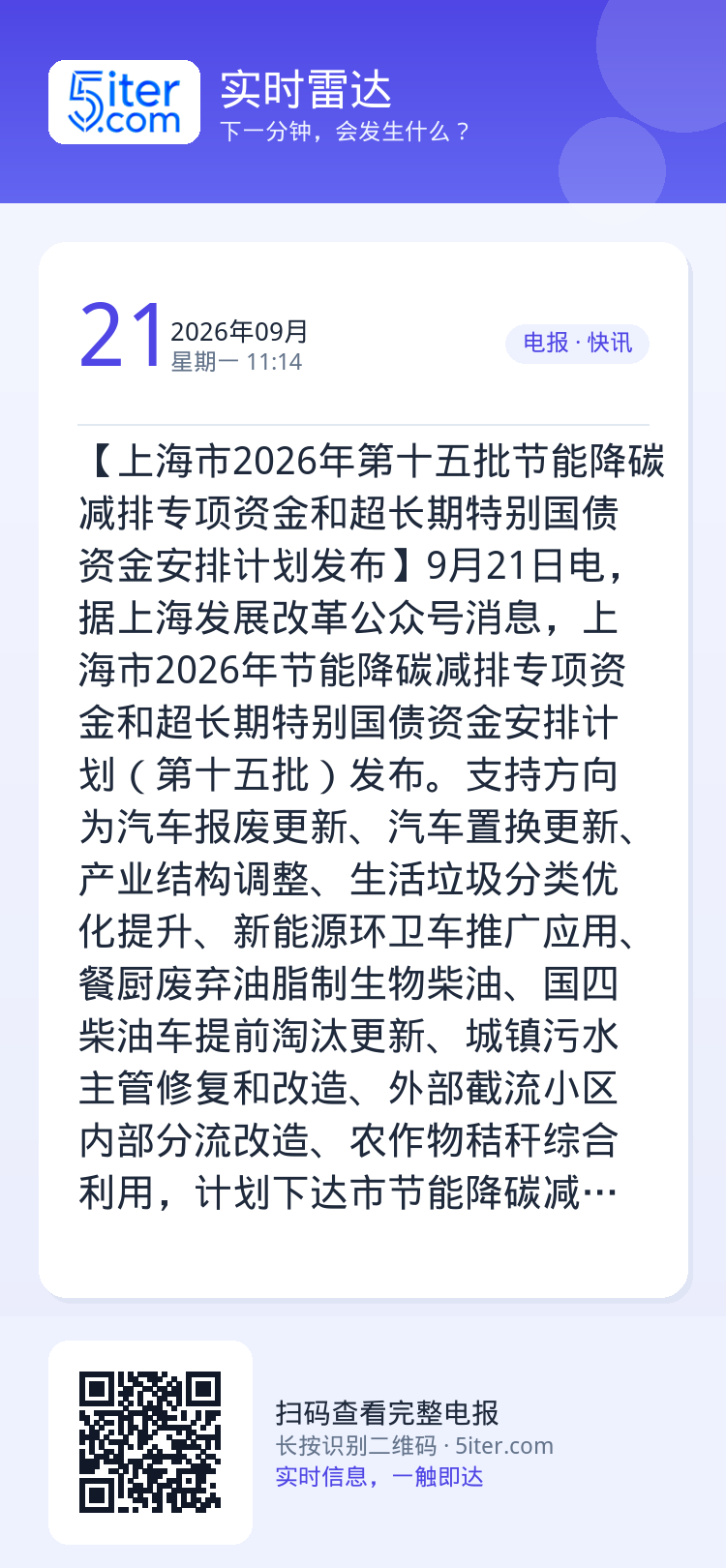 【上海市2026年第十五批节能降碳减排专项资金和超长期特别国债资金安排计划发布】9月21日电，据上海发展改革公众号消息，