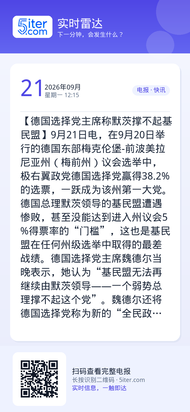 【德国选择党主席称默茨撑不起基民盟】9月21日电，在9月20日举行的德国东部梅克伦堡-前波美拉尼亚州（梅前州）议会选举中