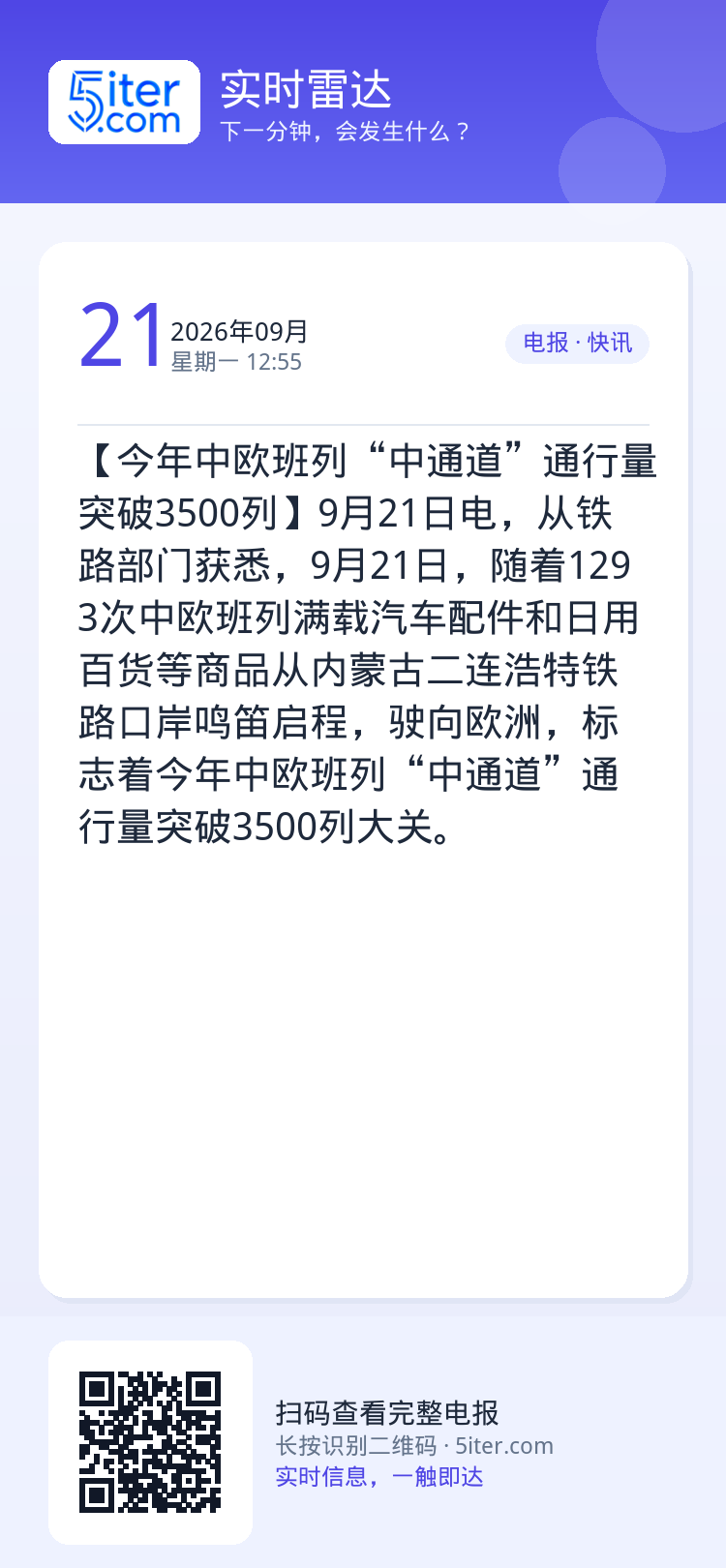 【今年中欧班列“中通道”通行量突破3500列】9月21日电，从铁路部门获悉，9月21日，随着1293次中欧班列满载汽车配