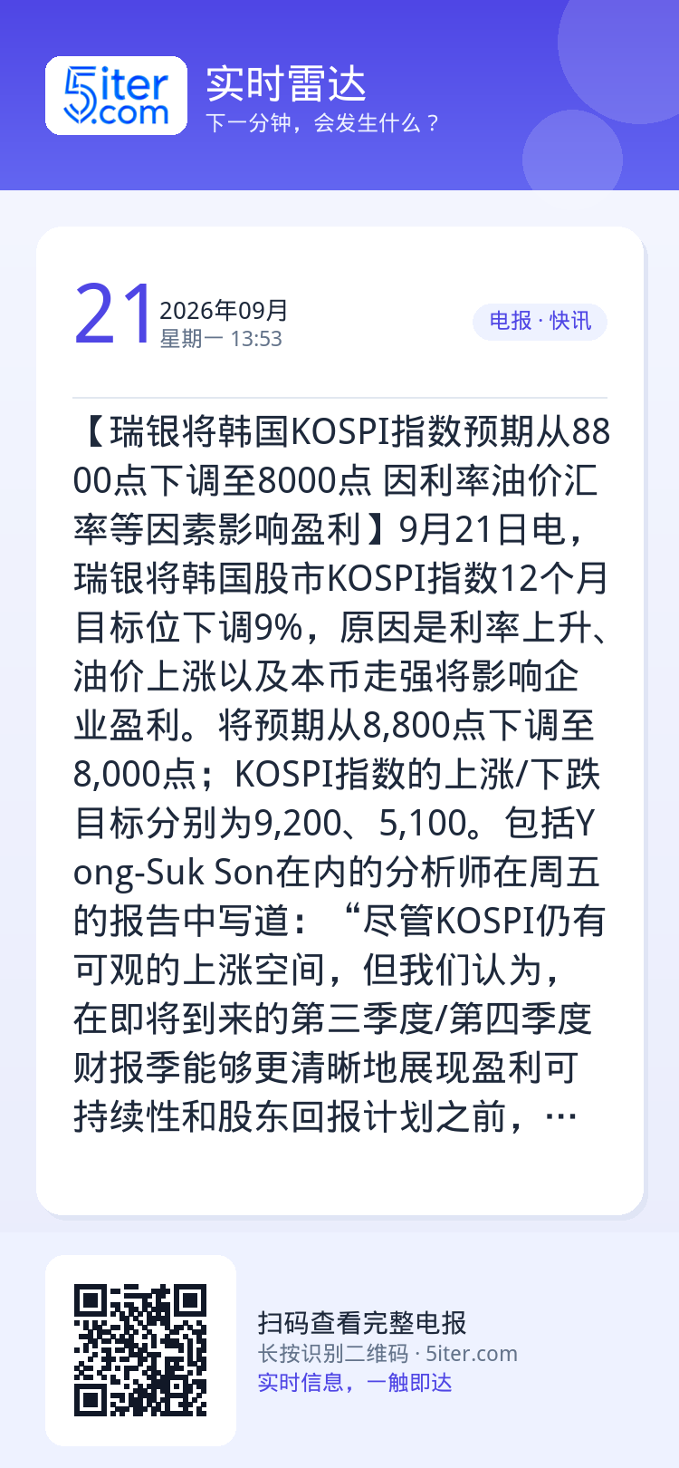 【瑞银将韩国KOSPI指数预期从8800点下调至8000点 因利率油价汇率等因素影响盈利】9月21日电，瑞银将韩国股市K