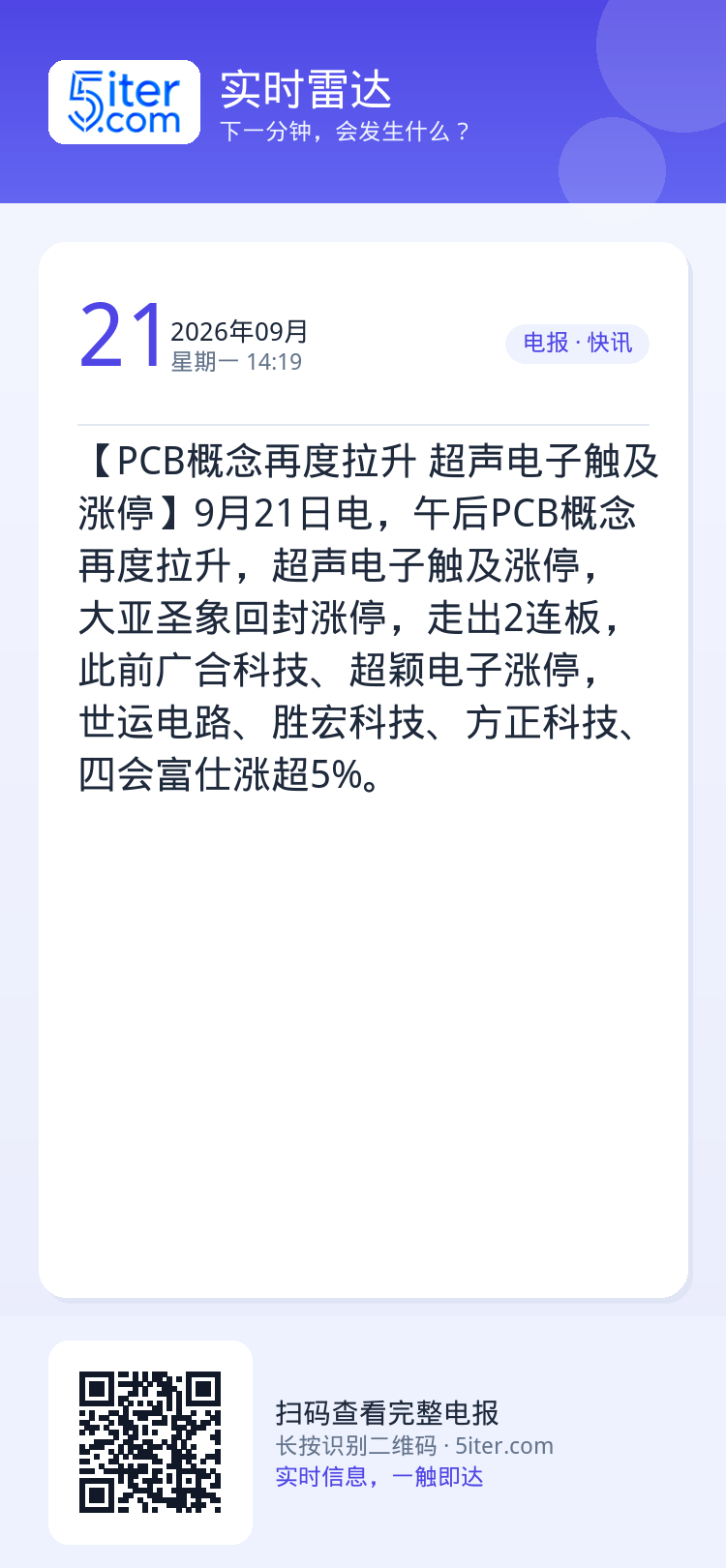 【PCB概念再度拉升 超声电子触及涨停】9月21日电，午后PCB概念再度拉升，超声电子触及涨停，大亚圣象回封涨停，走出2