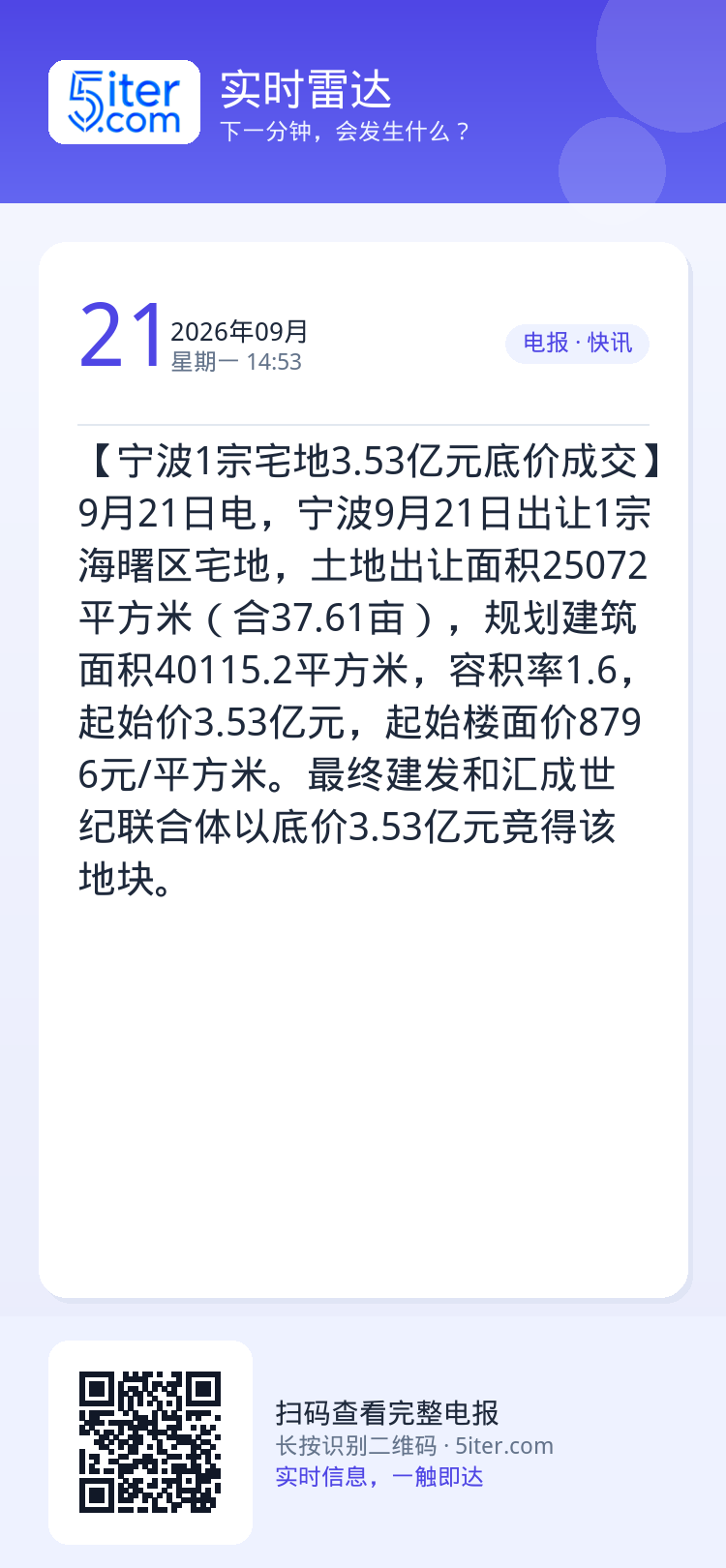 【宁波1宗宅地3.53亿元底价成交】9月21日电，宁波9月21日出让1宗海曙区宅地，土地出让面积25072平方米（合37