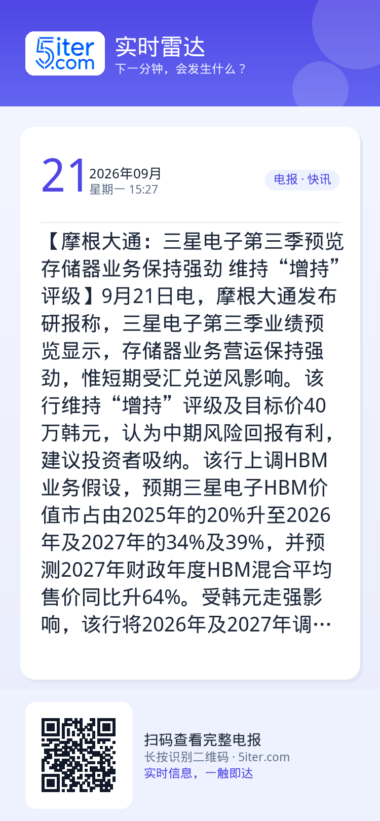 【摩根大通：三星电子第三季预览存储器业务保持强劲 维持“增持”评级】9月21日电，摩根大通发布研报称，三星电子第三季业绩