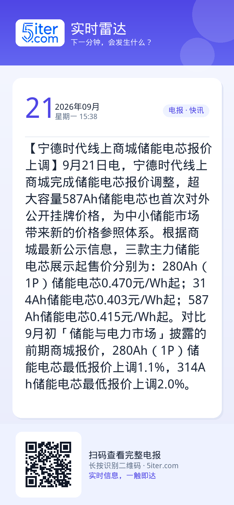 【宁德时代线上商城储能电芯报价上调】9月21日电，宁德时代线上商城完成储能电芯报价调整，超大容量587Ah储能电芯也首次