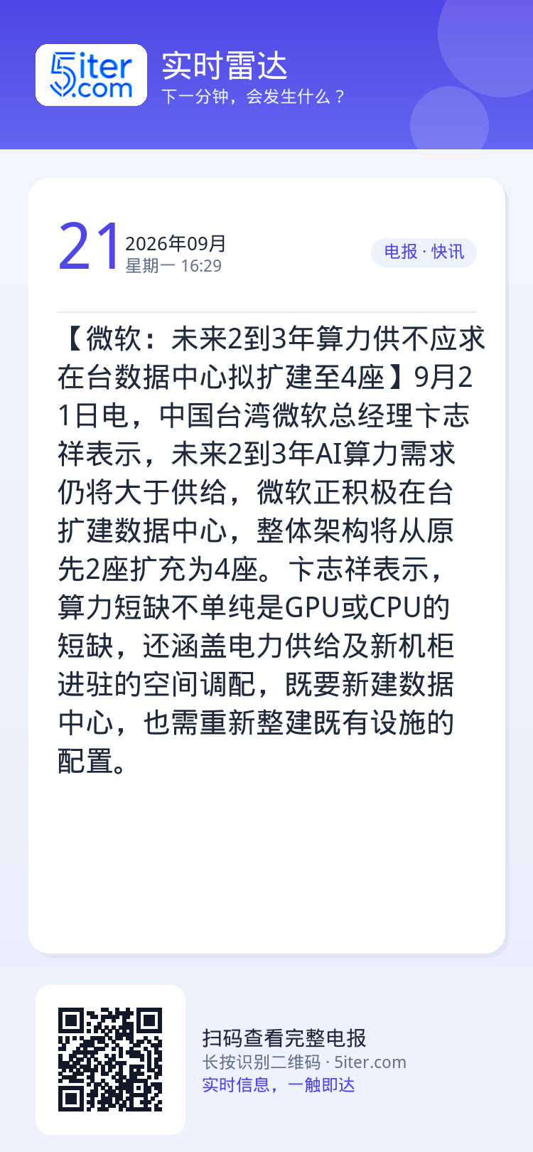 【微软：未来2到3年算力供不应求 在台数据中心拟扩建至4座】9月21日电，中国台湾微软总经理卞志祥表示，未来2到3年AI