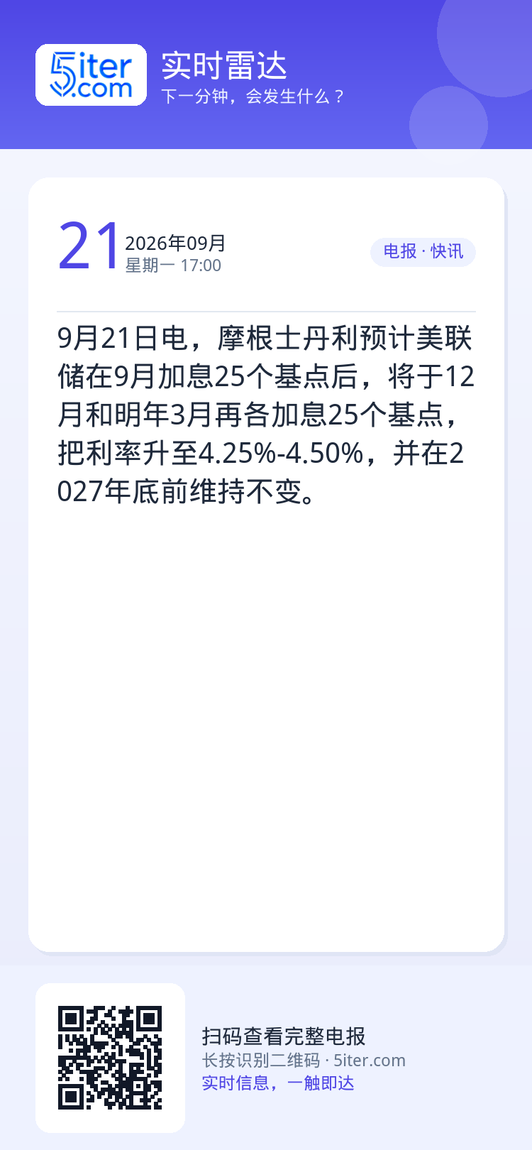 9月21日电，摩根士丹利预计美联储在9月加息25个基点后，将于12月和明年3月再各加息25个基点，把利率升至4.25%-