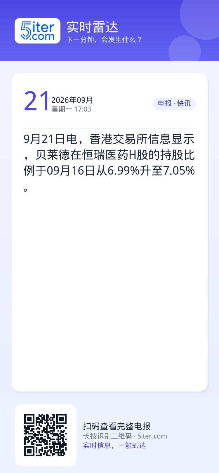 9月21日电，香港交易所信息显示，贝莱德在恒瑞医药H股的持股比例于09月16日从6.99%升至7.05%。