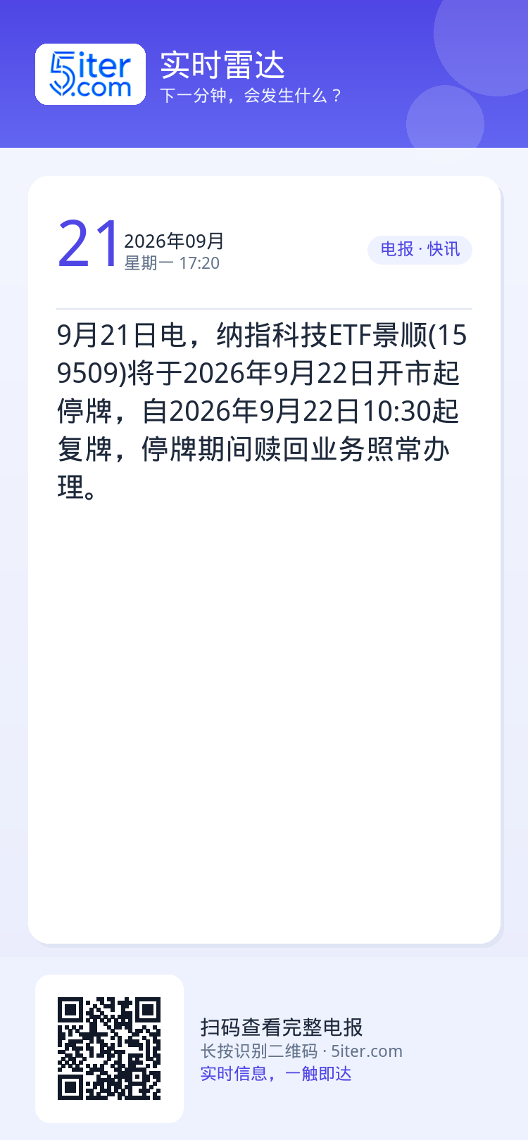 9月21日电，纳指科技ETF景顺(159509)将于2026年9月22日开市起停牌，自2026年9月22日10:30起复