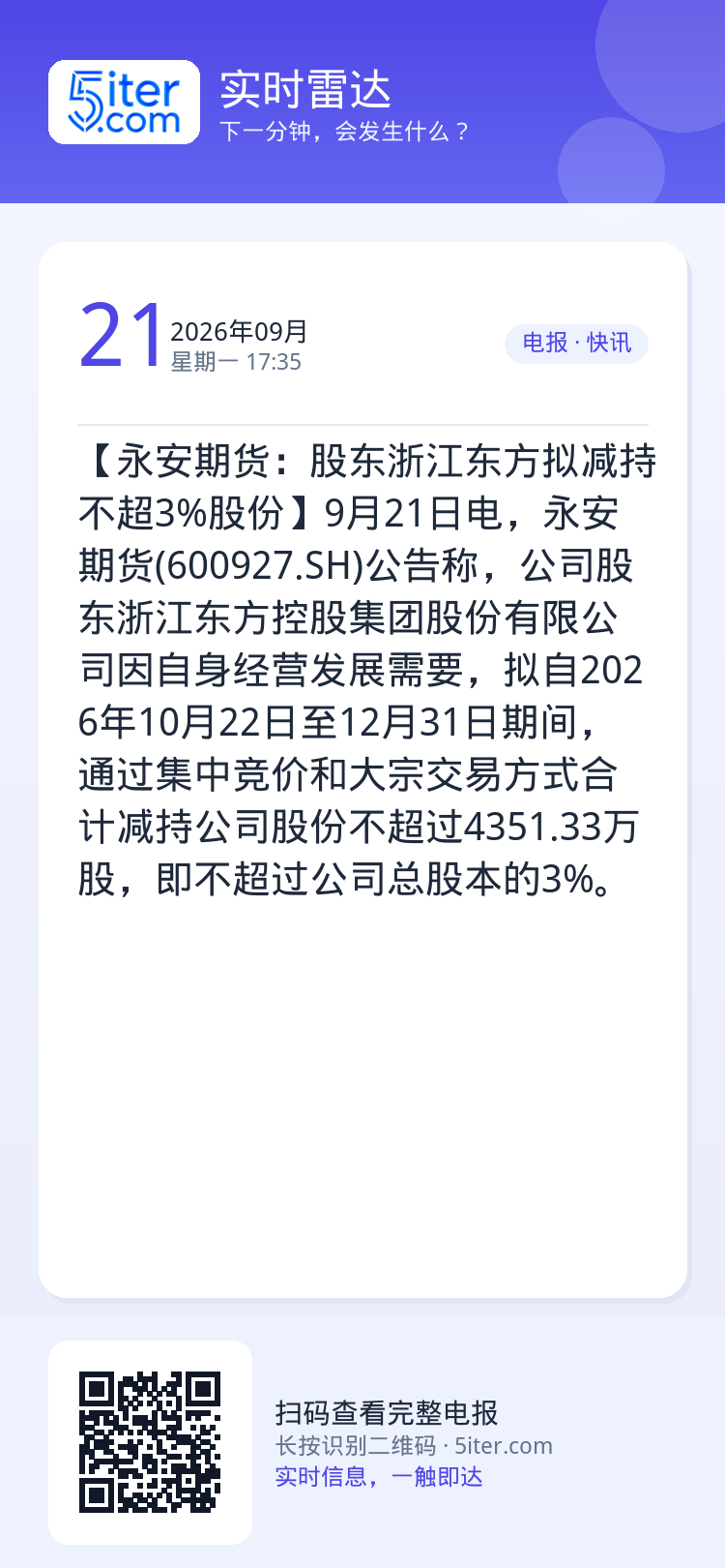【永安期货：股东浙江东方拟减持不超3%股份】9月21日电，永安期货(600927.SH)公告称，公司股东浙江东方控股集团