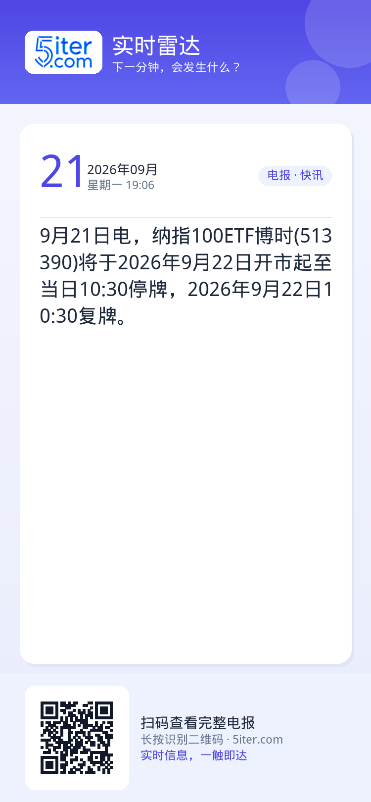 9月21日电，纳指100ETF博时(513390)将于2026年9月22日开市起至当日10:30停牌，2026年9月22
