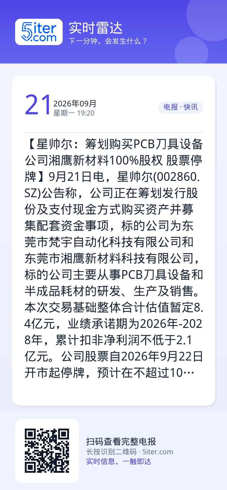 【星帅尔：筹划购买PCB刀具设备公司湘鹰新材料100%股权 股票停牌】9月21日电，星帅尔(002860.SZ)公告称，
