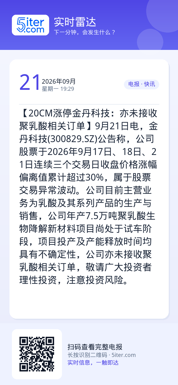 【20CM涨停金丹科技：亦未接收聚乳酸相关订单】9月21日电，金丹科技(300829.SZ)公告称，公司股票于2026年