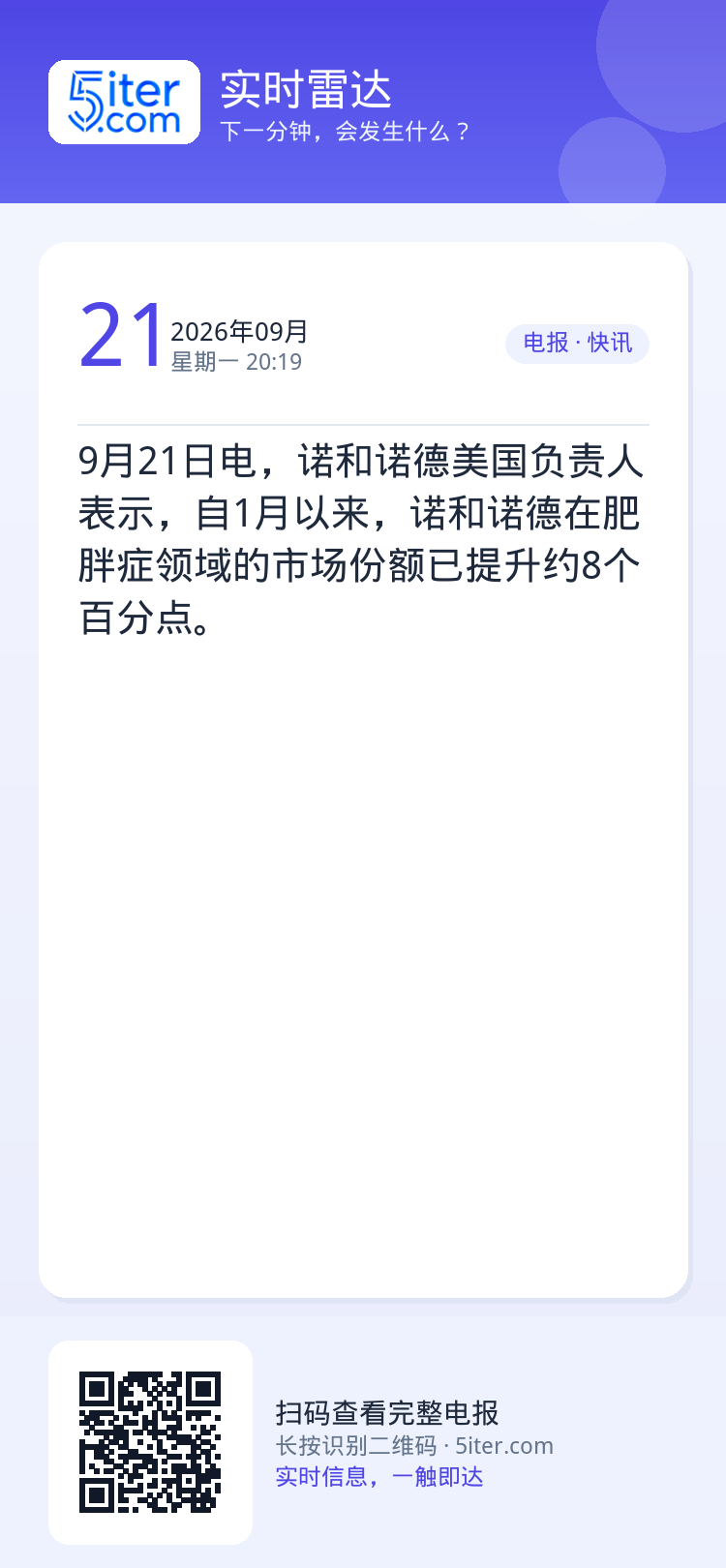 9月21日电，诺和诺德美国负责人表示，自1月以来，诺和诺德在肥胖症领域的市场份额已提升约8个百分点。