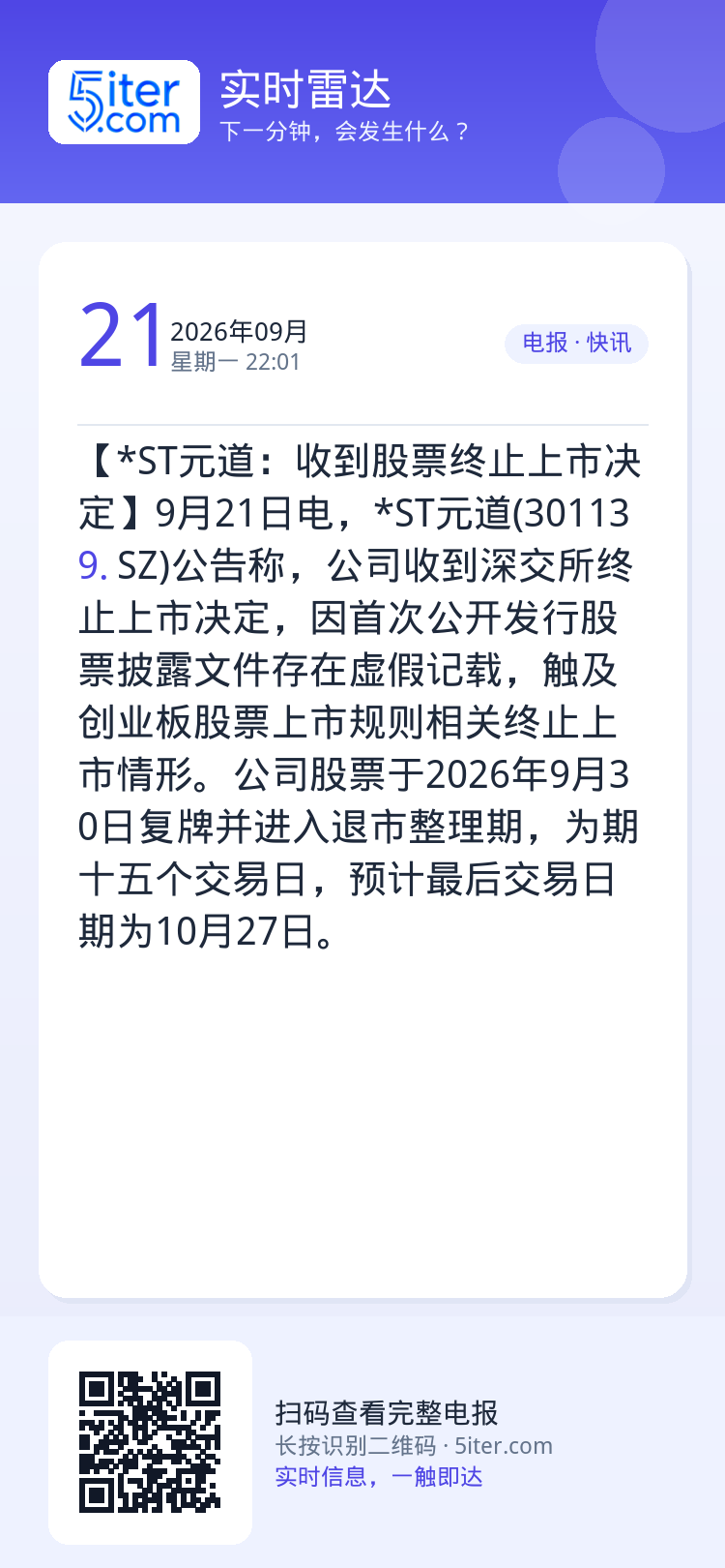 【*ST元道：收到股票终止上市决定】9月21日电，*ST元道(301139.SZ)公告称，公司收到深交所终止上市决定，因