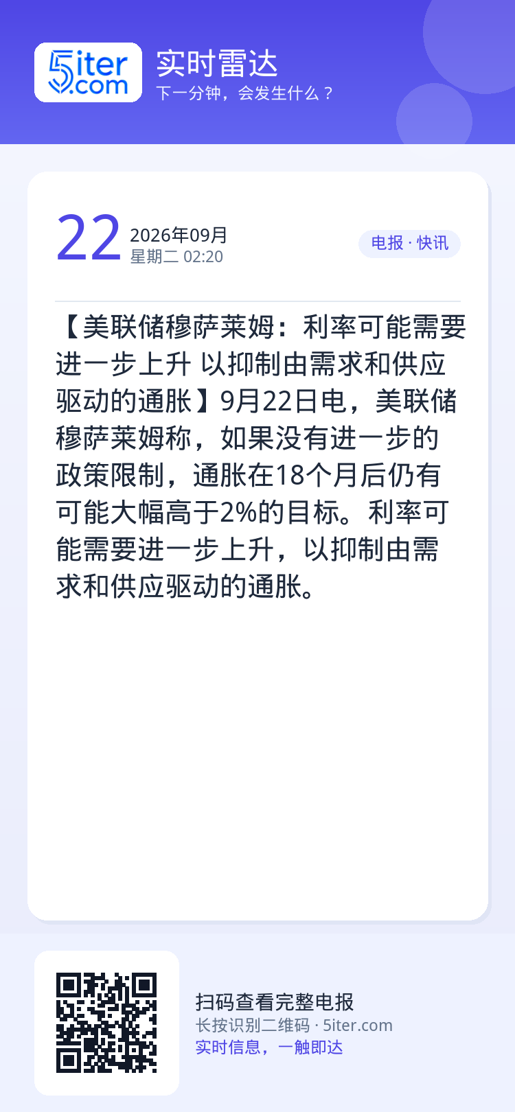 【美联储穆萨莱姆：利率可能需要进一步上升 以抑制由需求和供应驱动的通胀】9月22日电，美联储穆萨莱姆称，如果没有进一步的